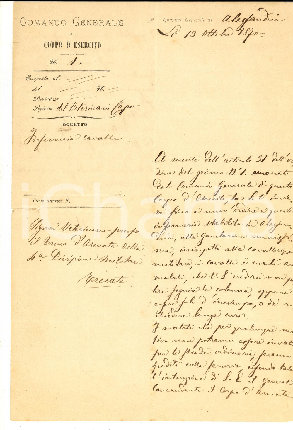Documento originale, autentico 1870 REGIO ESERCITO ALESSANDRIA Norme per i veterinari sulla cura dei cavalli 1