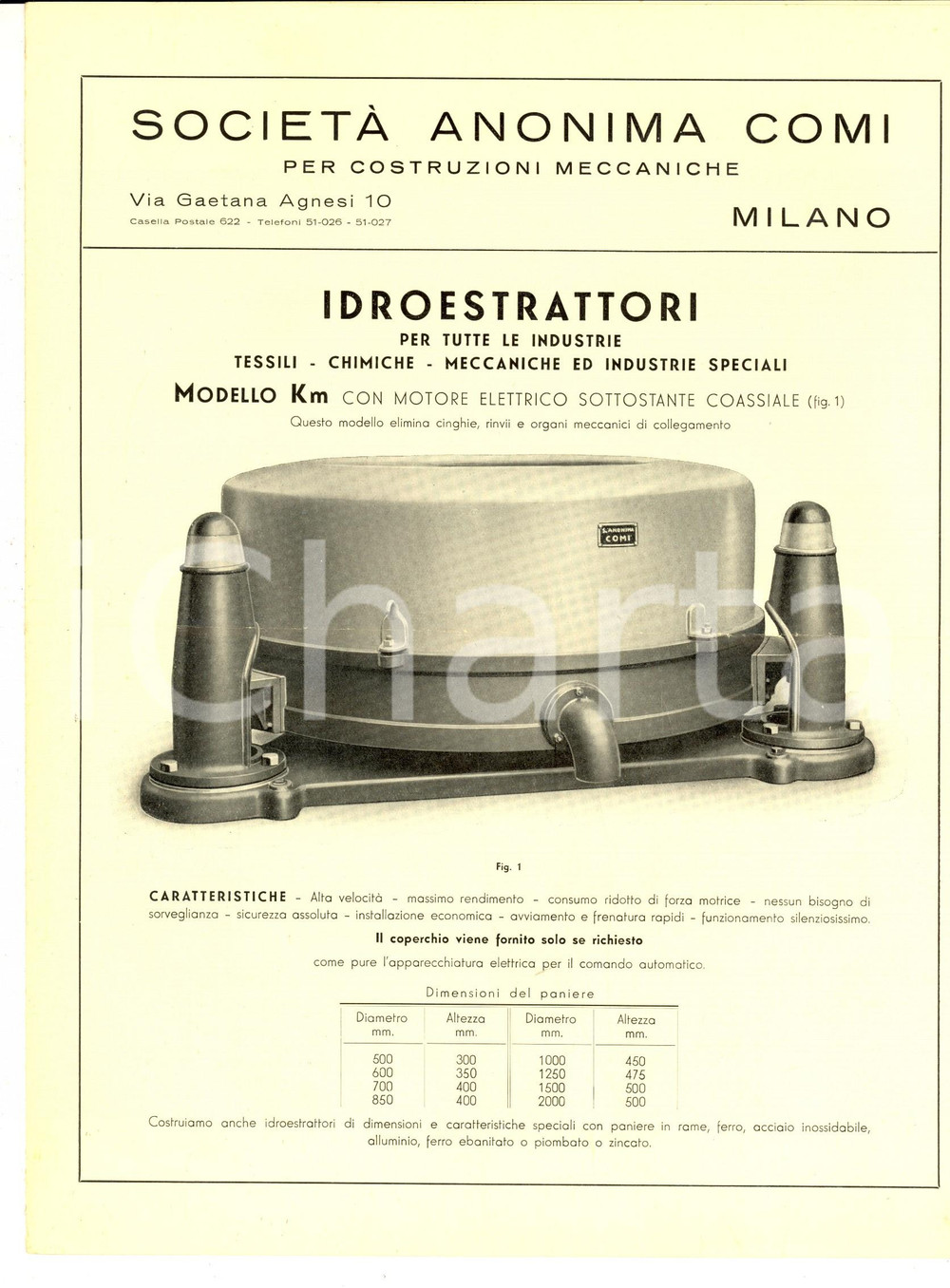 Materiale pubblicitario d’epoca 1940 ca MILANO Via Agnesi 10 COMI SA Idroestrattori per industrie Pubblicitario 1