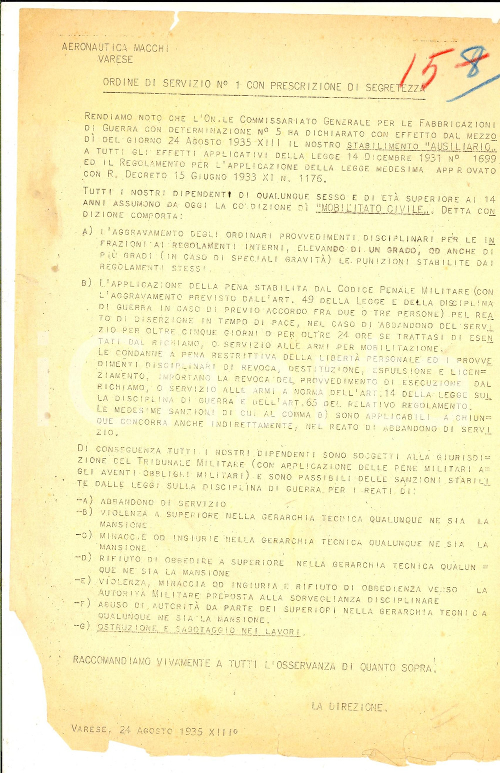 Documento originale, autentico 1935 VARESE Aeronautica MACCHI Mobilitazione civile del personale RISERVATO 1