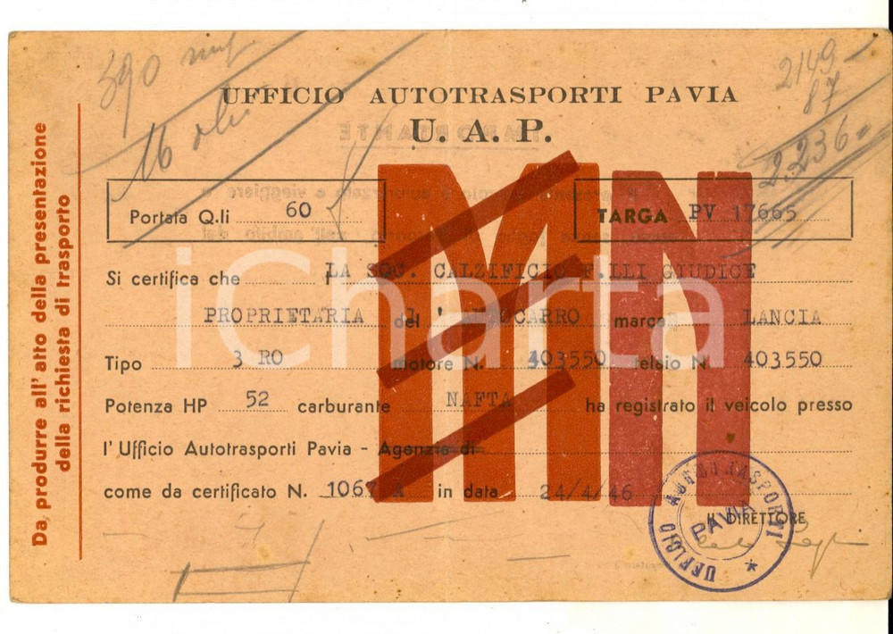 Oggetto da collezione cartaceo 1948 UFFICIO AUTOTRASPORTI PAVIA Certificato per autocarro calzificio GIUDICE 1