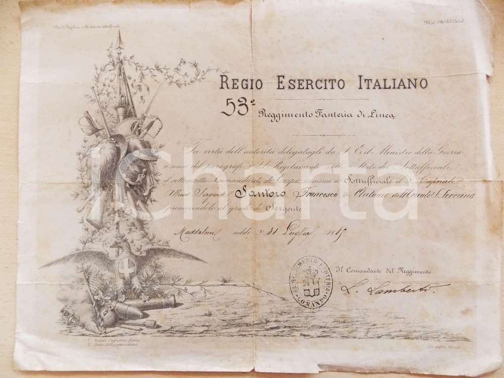 Documento originale, autentico 1885 REGIO ESERCITO MERCATO S. SEVERINO Promozione sergente Francesco SANTORO 1