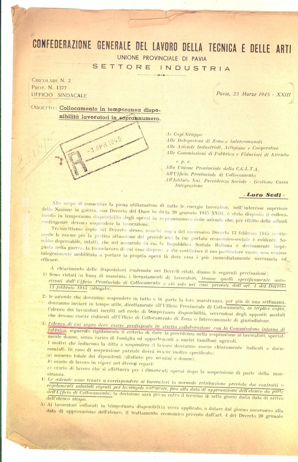 Documento originale, autentico 1945 RSI CGLTA PAVIA Temporanea disponibilitÃ  dei lavoratori in soprannumero 1