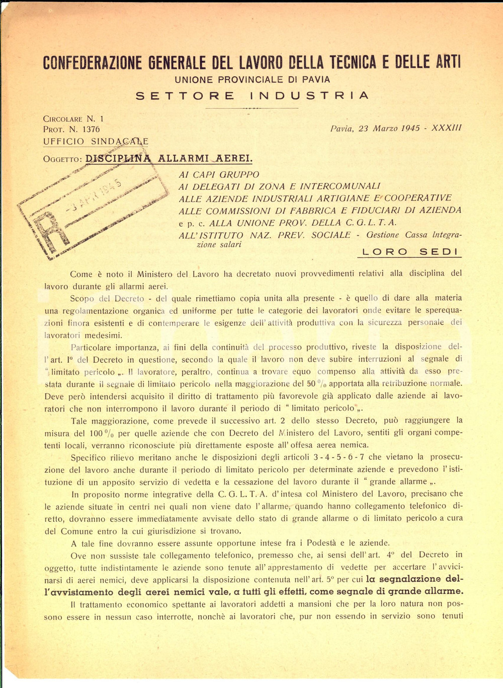 Documento originale, autentico 1945 RSI CGLTA PAVIA Disciplina del lavoro durante gli allarmi aerei Lettera 1