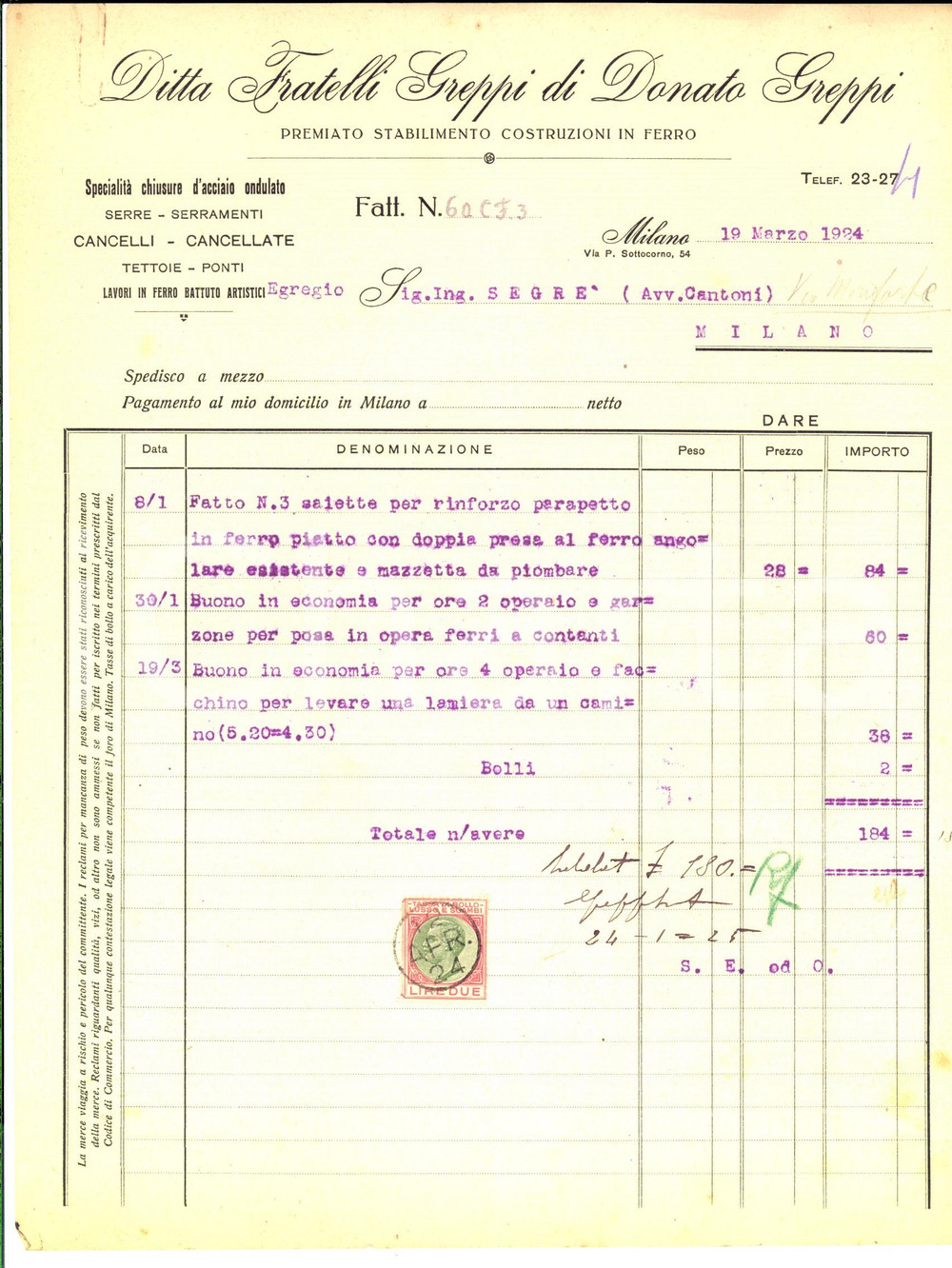 Documento originale, autentico 1924 MILANO Via Sotocorno 54 Fratelli GREPPI  Costruzioni in ferro Fattura 1