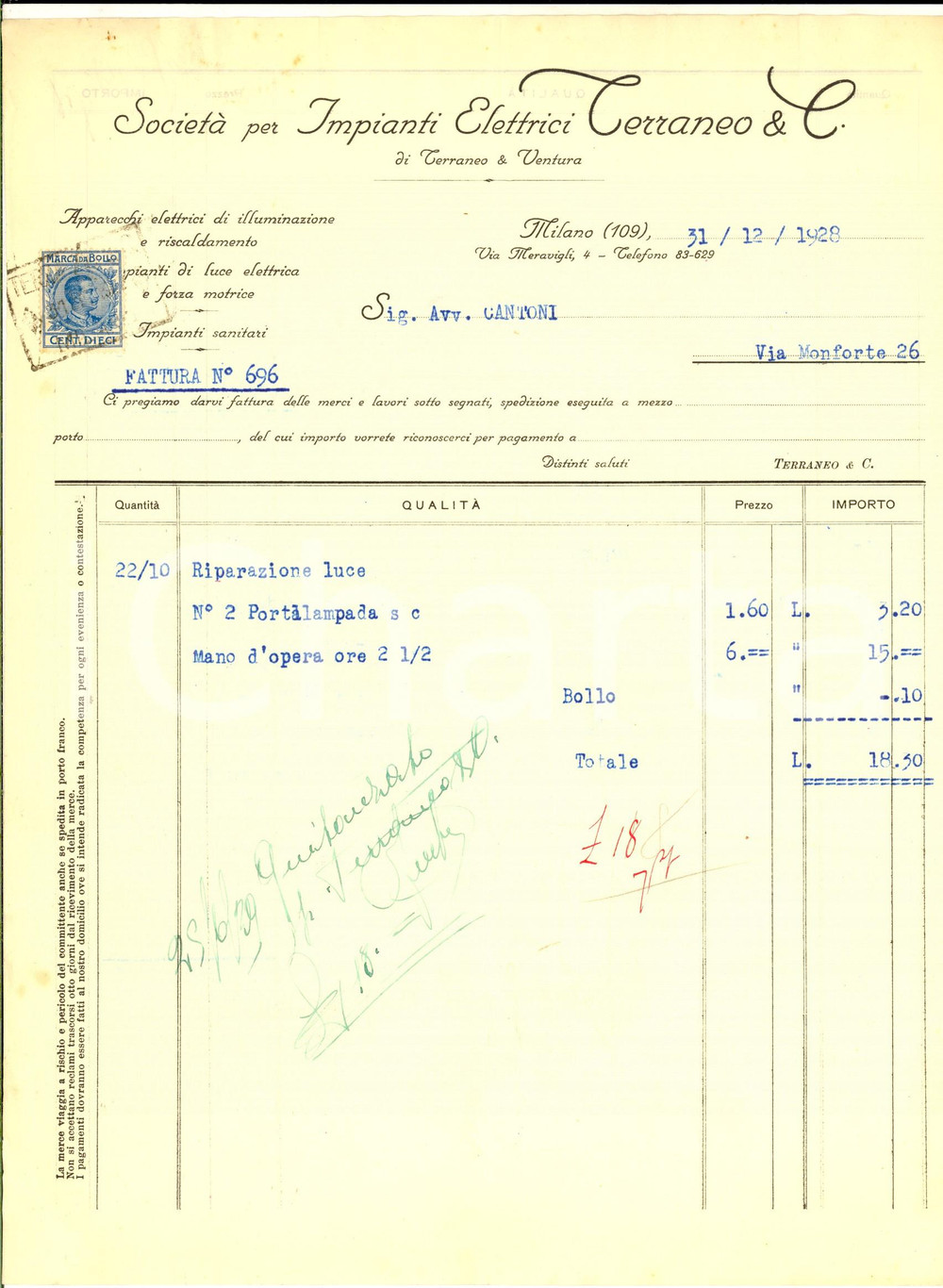 Documento originale, autentico 1928 MILANO SocietÃ  Impianti Elettrici TERRANEO Fattura per riparazioni Bollo 1
