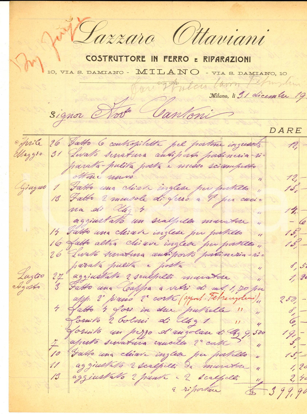 Documento originale, autentico 1928 MILANO Lazzaro OTTAVIANI Costruttore in ferro Fattura manoscritta 1