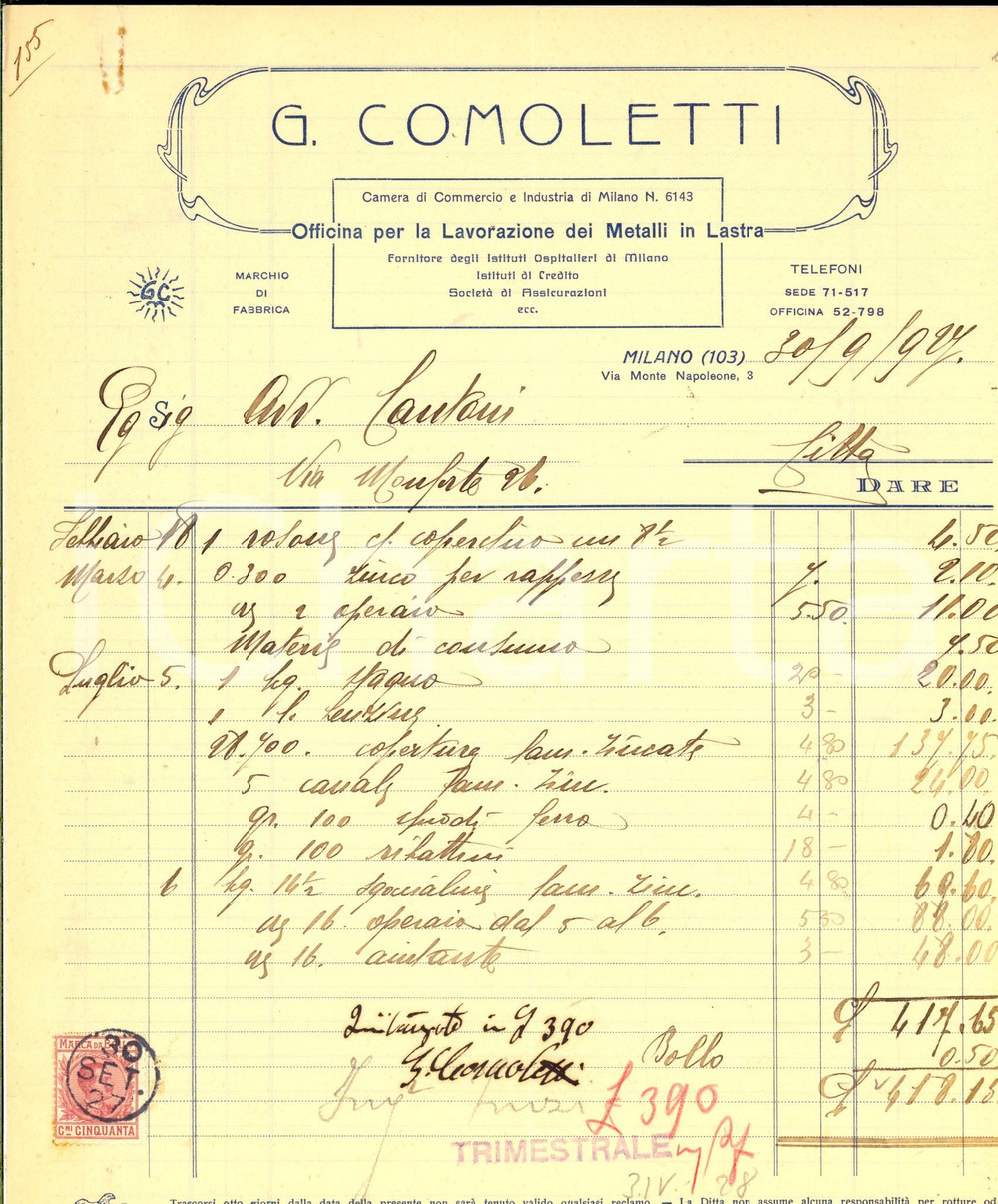 Documento originale, autentico 1927 MILANO Officina G. COMOLETTI lavorazione metalli in lastra Fattura bollo 1