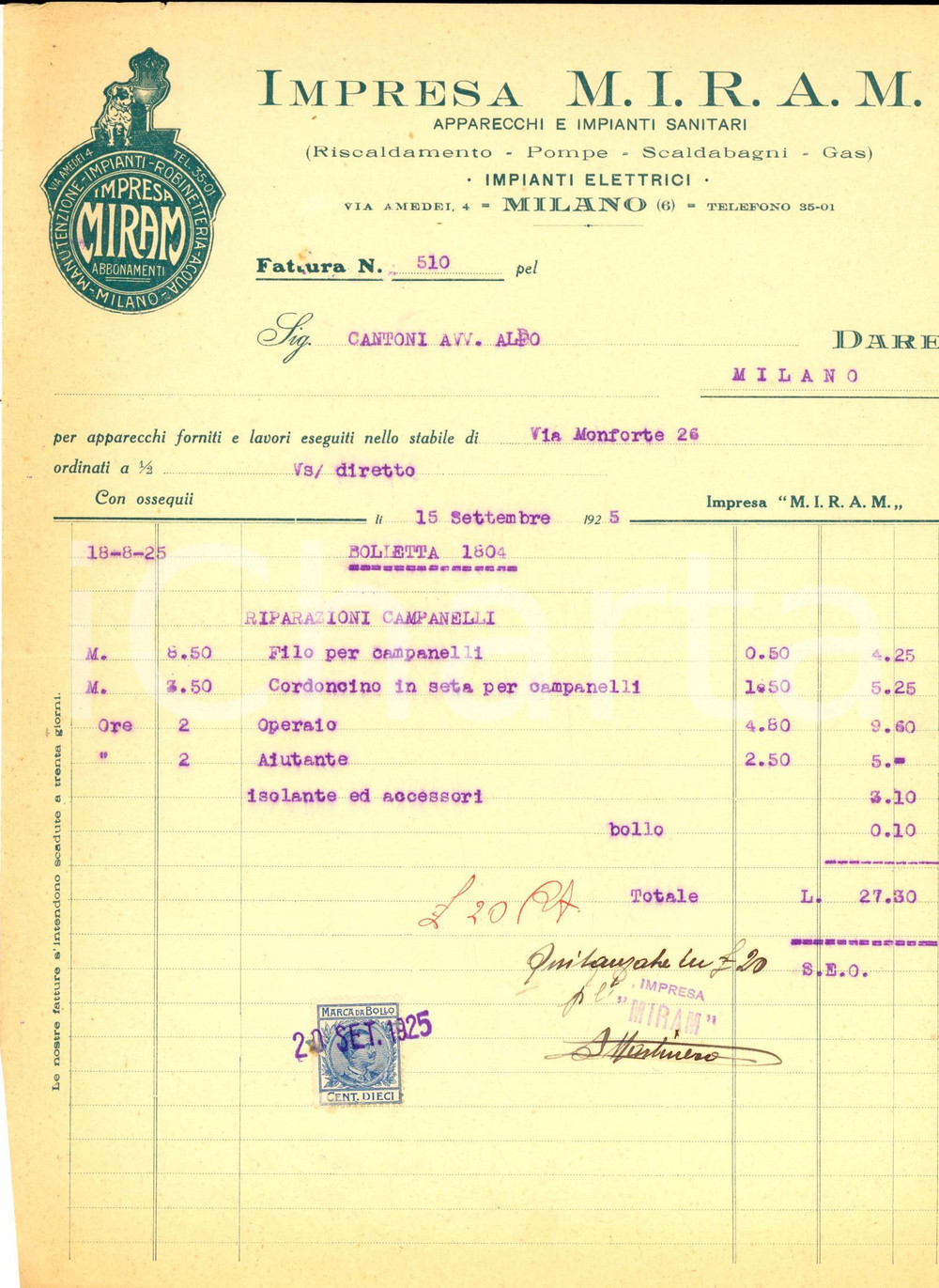 Documento originale, autentico 1925 MILANO Impresa M.I.R.A.M. Impianti elettrici e sanitari Fattura con bollo 1