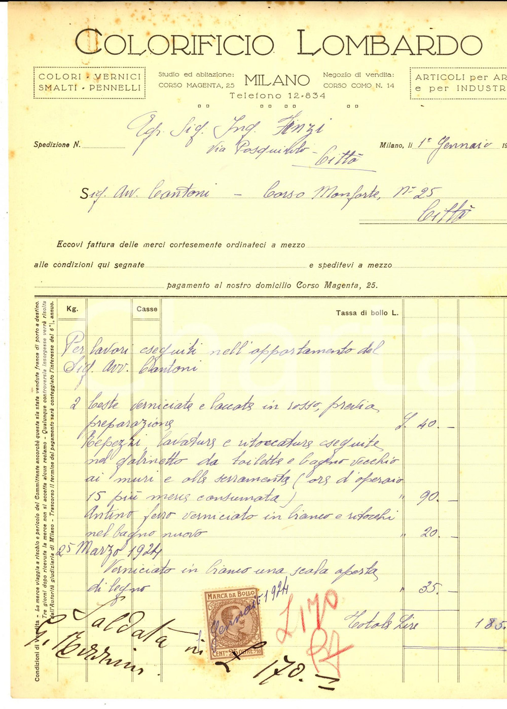 Documento originale, autentico 1925 MILANO Corso Magenta 25 COLORIFICIO LOMBARDO Fattura 1