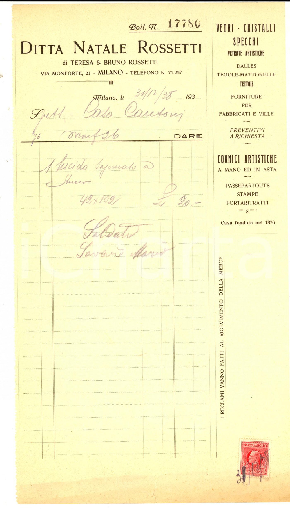 Documento originale, autentico 1938 MILANO Ditta Natale ROSSETTI Vetri cristalli e specchi Fattura con bollo 1