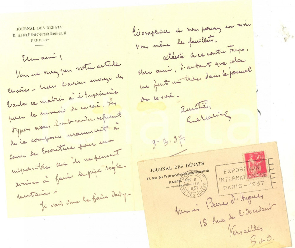 Autografo originale 1937 JOURNAL DES DEBATS Etienne BANDY DE NALECHE Ã  Pierre d HUGUES pour article 1