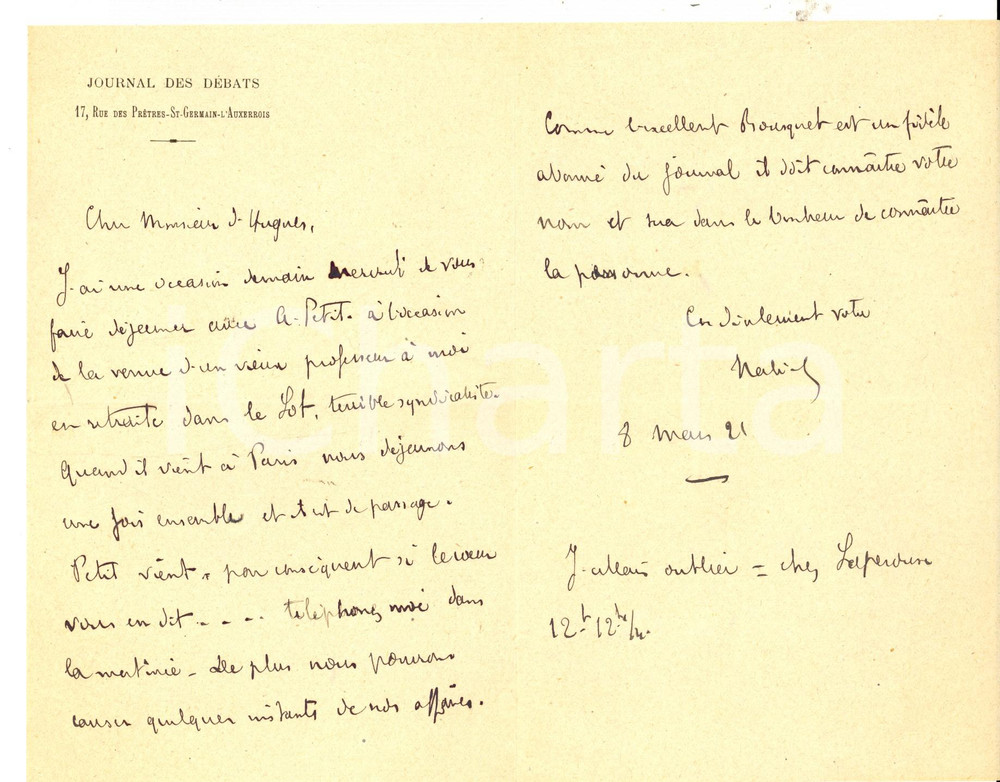 Autografo originale 1937 PARIS Etienne BANDY DE NALECHE chiede incontro a Pierre d HUGUES Autografo 1