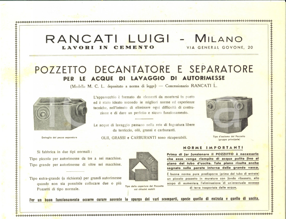 Materiale pubblicitario d’epoca 1940 ca MILANO Via Govone 20  Luigi RANCATI Lavori in cemento Volantino 1