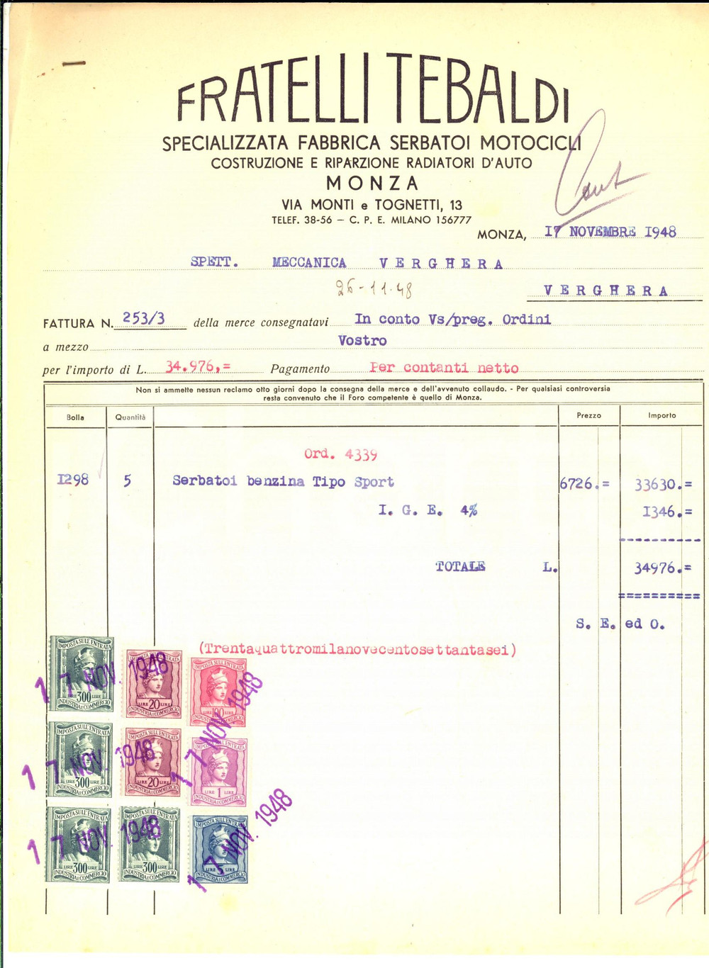 Documento originale, autentico 1948 MONZA Fratelli TEBALDI Fabbrica serbatoi Fattura intestata bolli 1