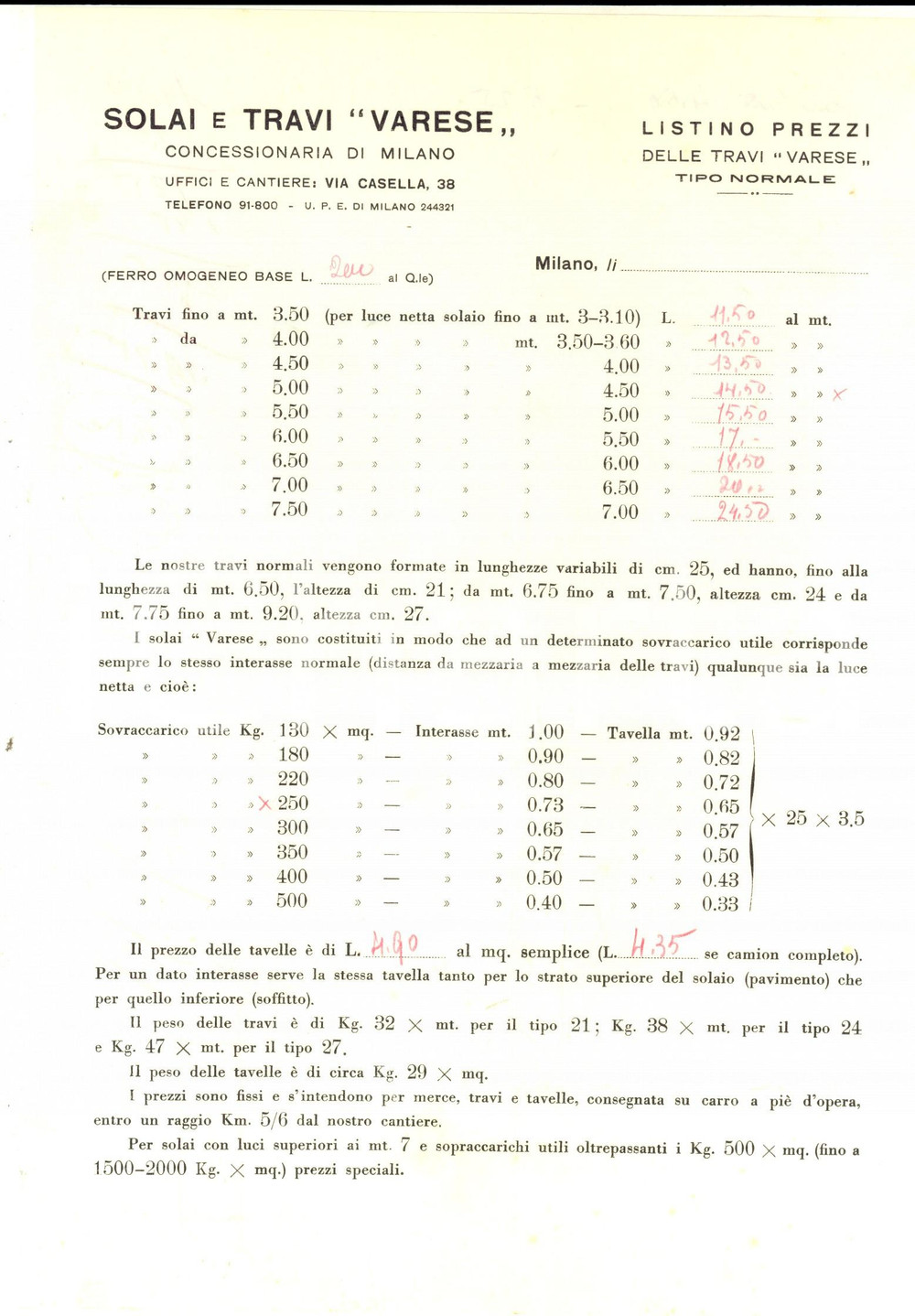 Documento originale, autentico 1940 ca MILANO Via Casella 38 Ditta solai e travi VARESE  Listino prezzi 1