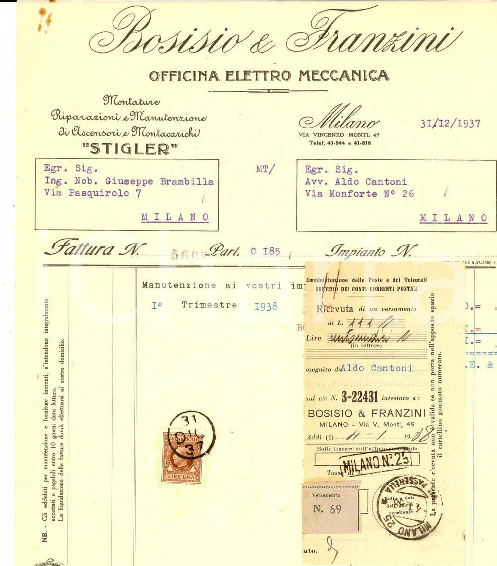 Documento originale, autentico 1937 MILANO Officina BOSISIO & FRANZINI Fattura intestata con bollo e talloncino 1