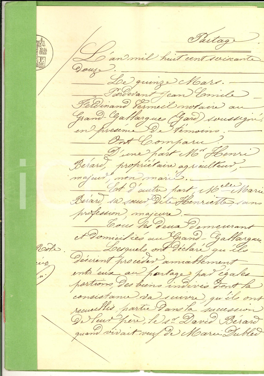Documento originale, autentico 1872 GALLARGUESLEMONTUEUX Divisione vigne tra i fratelli Henri e Marie BERARD 1