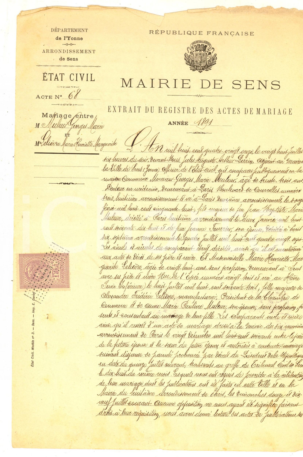Documento originale, autentico 1891 SENS F Atto di matrimonio Georges Marie MULLER  Marie Henriette LELIEVRE 1
