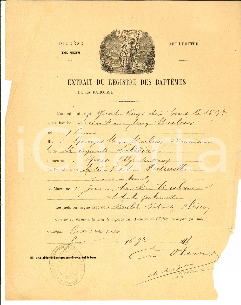 Documento originale, autentico 1898 GRASSE F Certificato di battesimo per ArsÃ¨ne MULEUR DANNEGGIATO 1