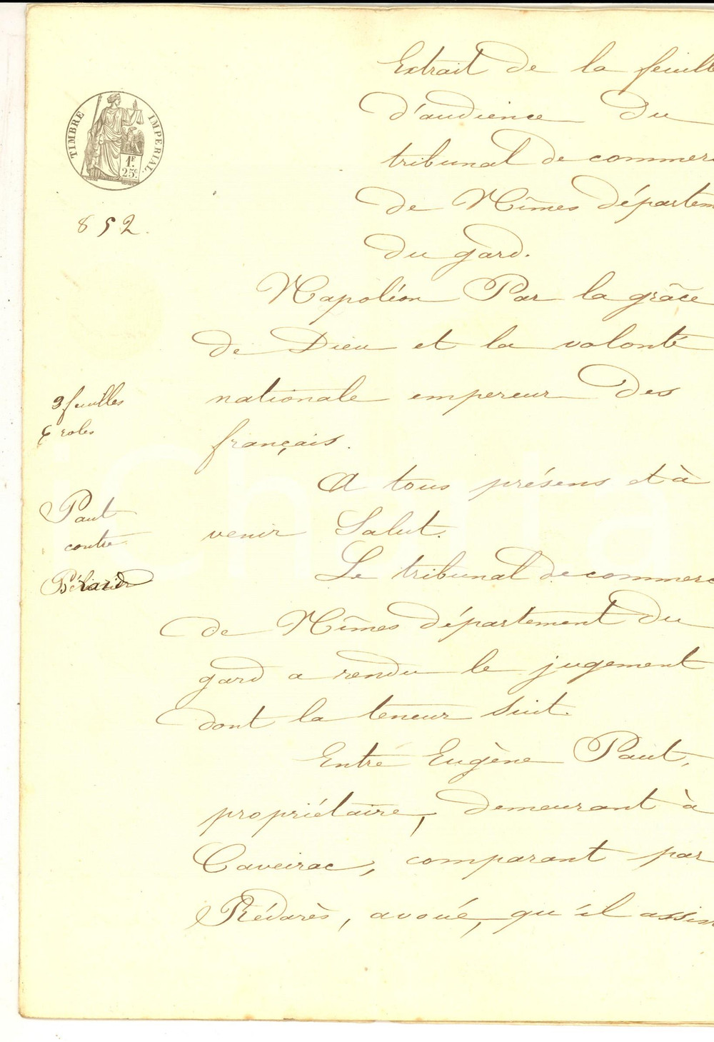 Documento originale, autentico 1860 NIMES GARD, FRANCE Lite tra EugÃ¨ne PAUT e David BERARD per cambiale 1