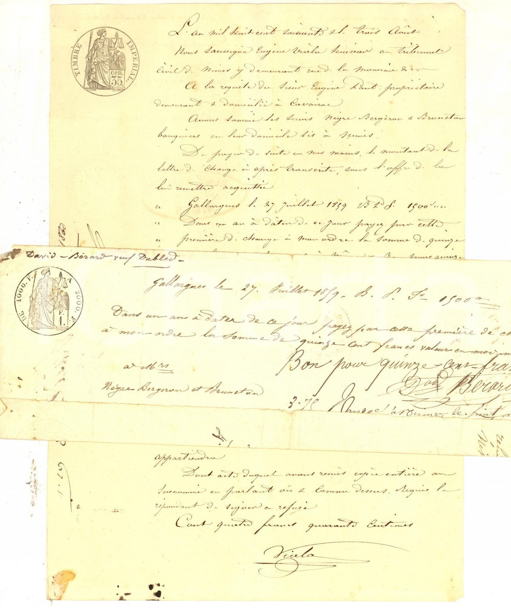 Documento originale, autentico 1860 CAVAIRAC GARD, FRANCE Lite mossa da  EugÃ¨ne PAUT per saldo cambiale 1