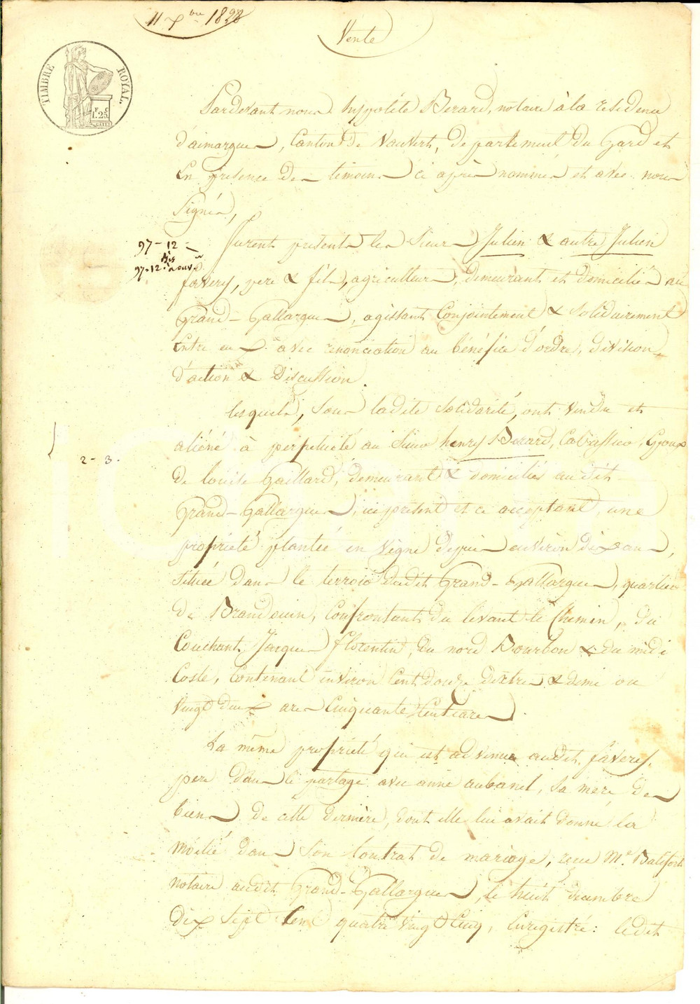 Documento originale, autentico 1828 GALLARGUESLEMONTUEUX Julien FAVERES vende podere a Henri BERARD 1