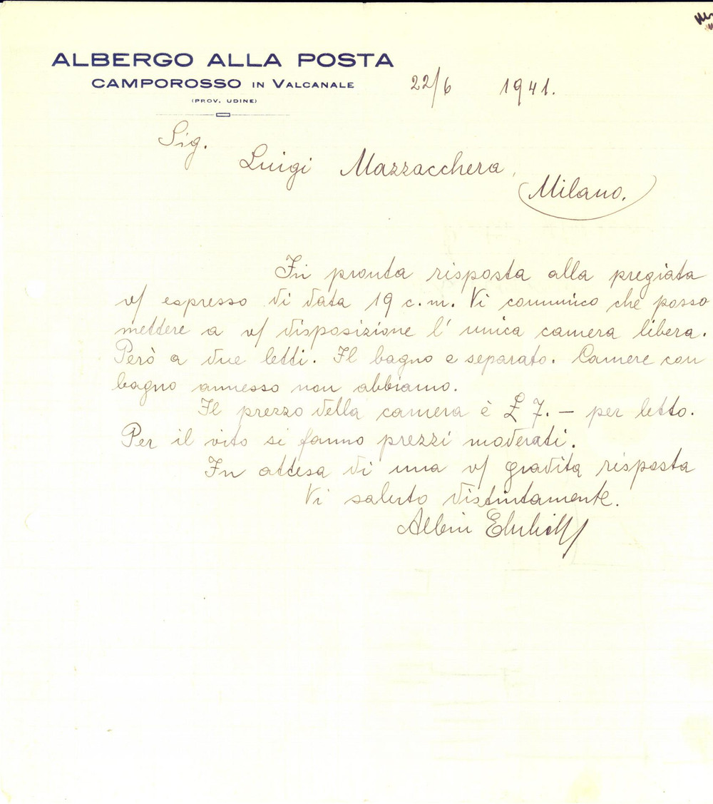 Manoscritto, lettera originale 1941 CAMPOROSSO IN VALCANALE Albergo ALLA POSTA  Lettera su carta intestata 1