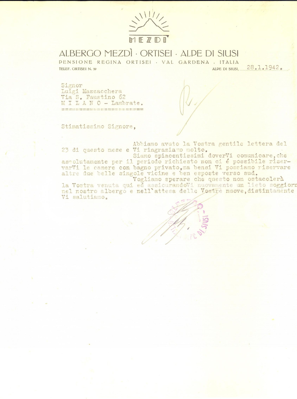 Manoscritto, lettera originale 1942 ORTISEI / ALPE DI SIUSI  Albergo MEZDI   Lettera su carta intestata 1