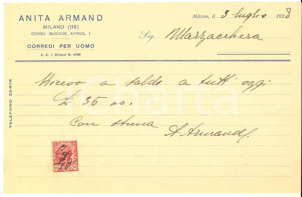 Manoscritto, lettera originale 1928 MILANO Corso Buenos Aires 1Anita ARMAND Corredi per uomo  Ricevuta 1