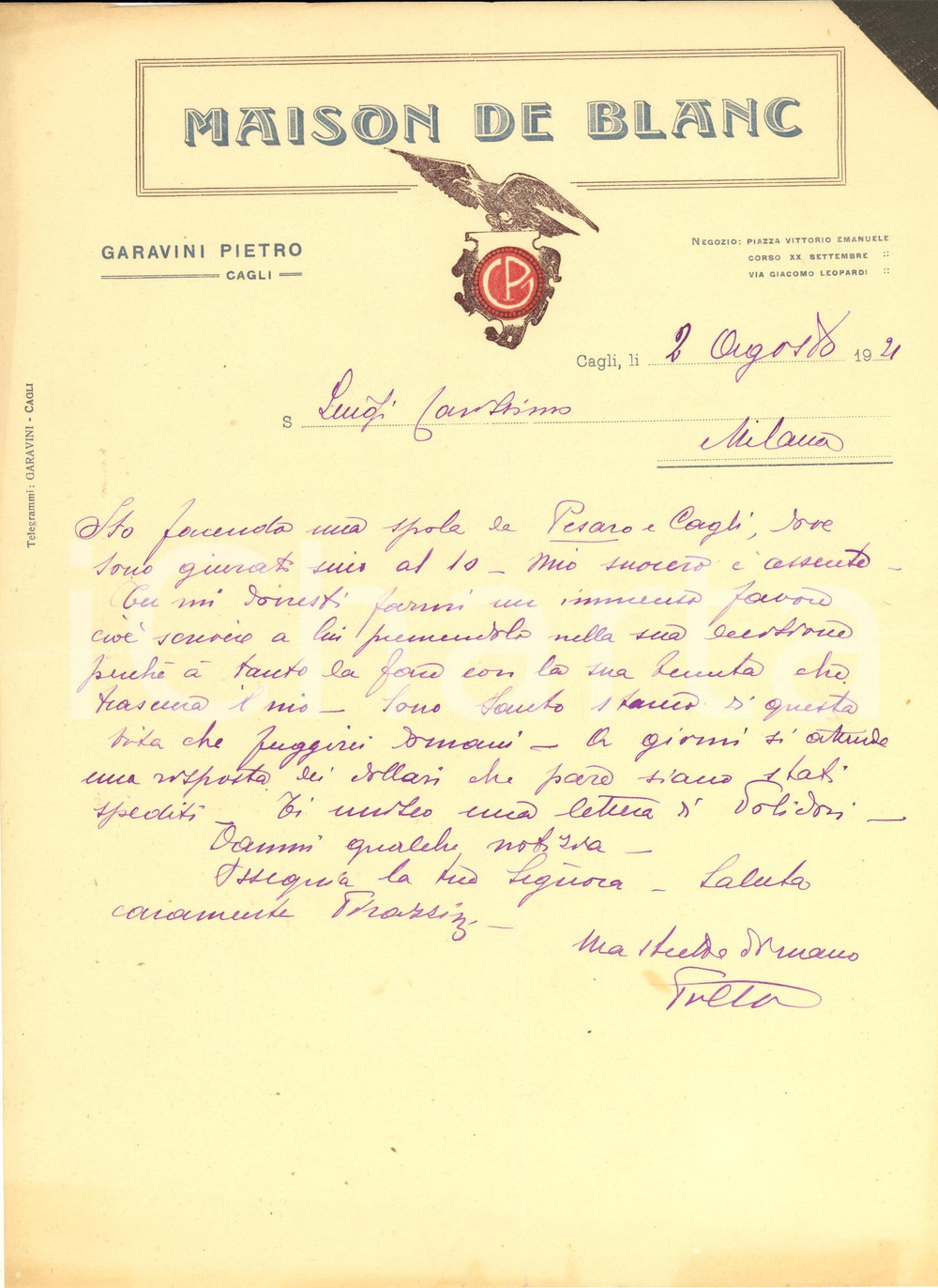 Manoscritto, lettera originale 1921 CAGLI PS Lettera Pietro GARAVINI  Ditta MAISON DE BLANC Carta intestata 1