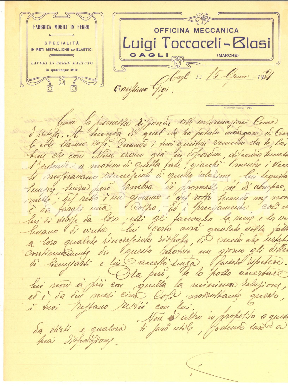 Manoscritto, lettera originale 1921 CAGLI PS Officina meccanica Luigi TOCCACELIBLASI  Lettera autografa 1
