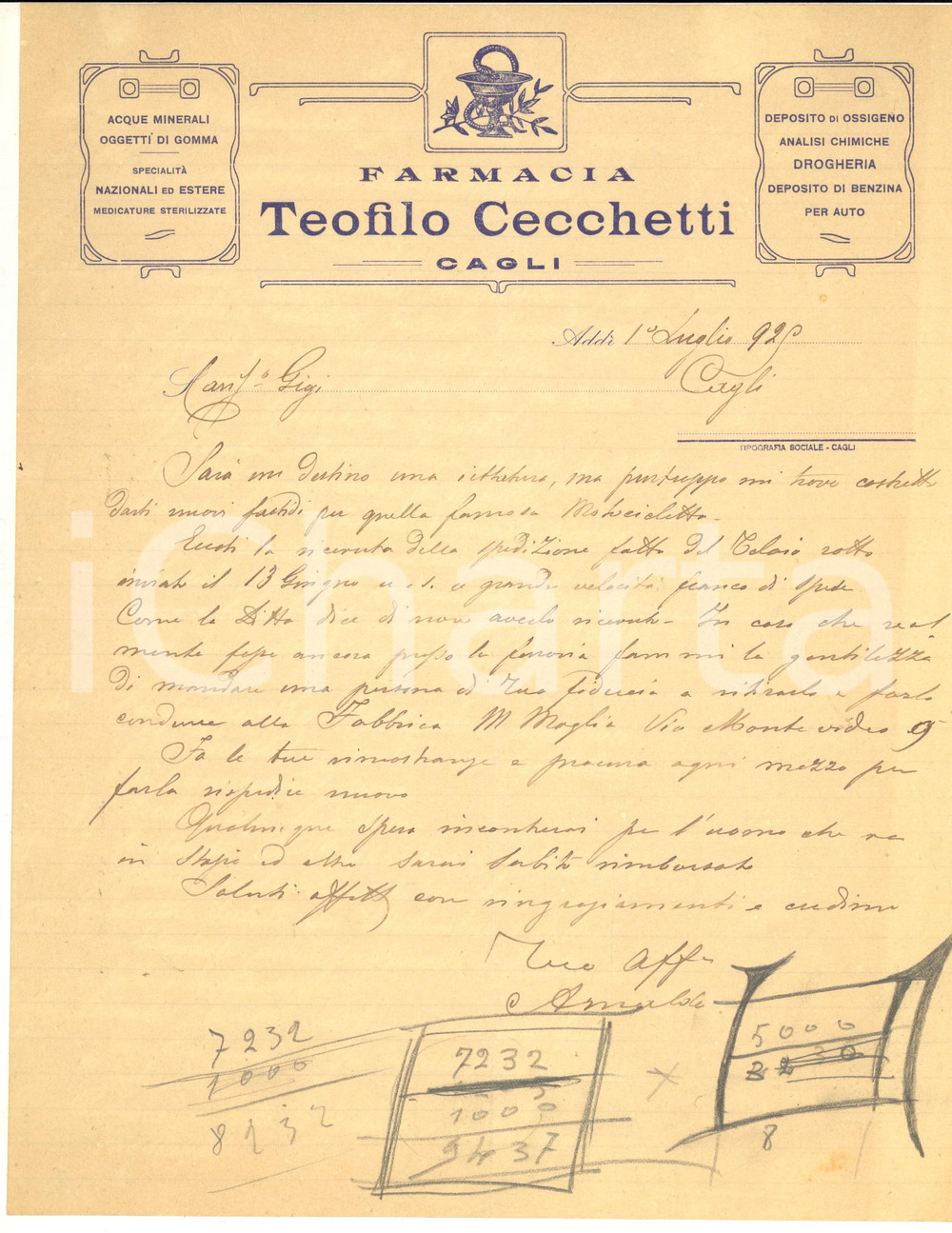 Manoscritto, lettera originale 1925 CAGLI PS Farmacia Teofilo CECCHETTI  Lettera su carta intestata 1