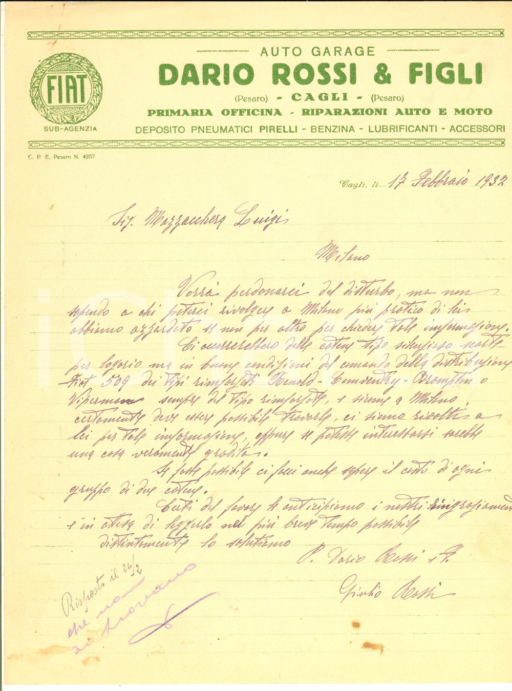 Manoscritto, lettera originale 1937 CAGLI PS Auto garage Dario ROSSI & Figli  Subagenzia FIAT Lettera 1
