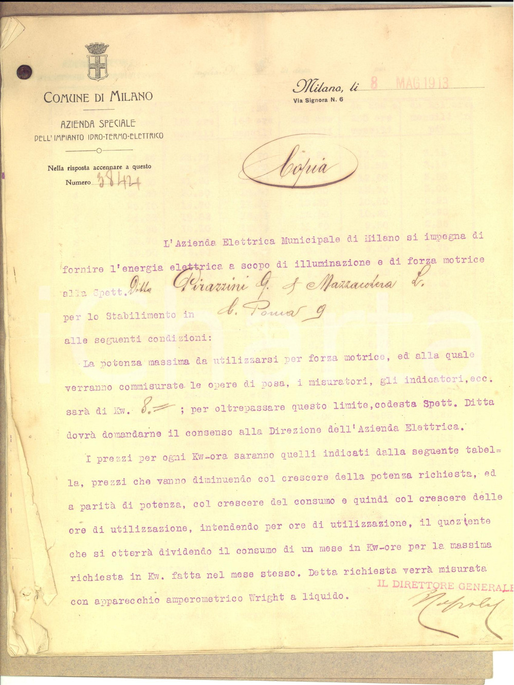Documento originale, autentico 1913 MILANO Contratto ditta PIRAZZINI  MAZZACCHERA per energia elettrica 7 pp. 1