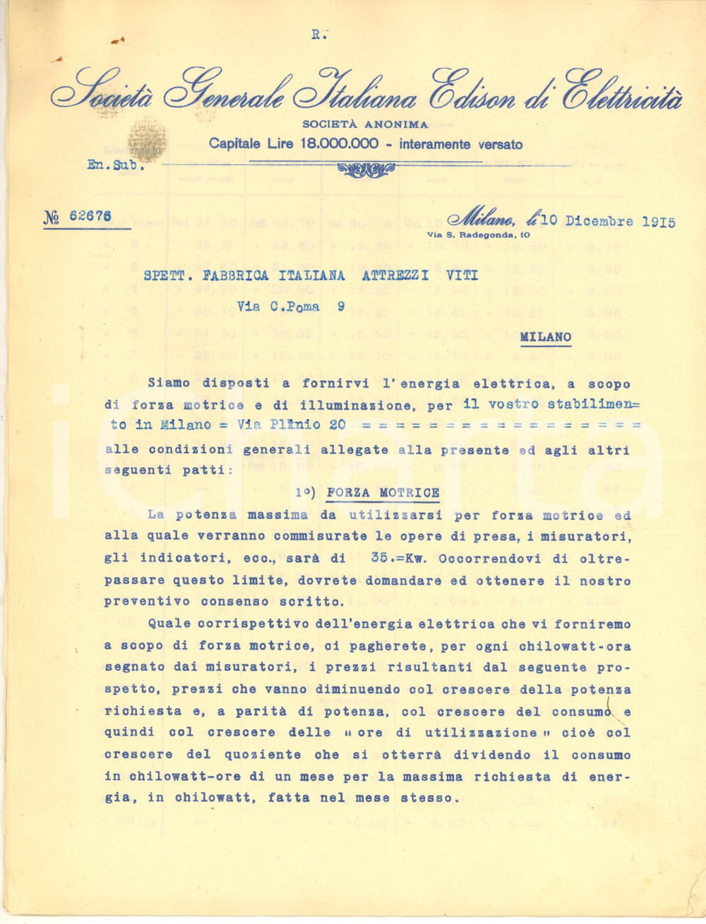 Documento originale, autentico 1915 MILANO Società EDISON  Contratto Fabbrica Italiana Attrezzi Viti 10 pp. 1
