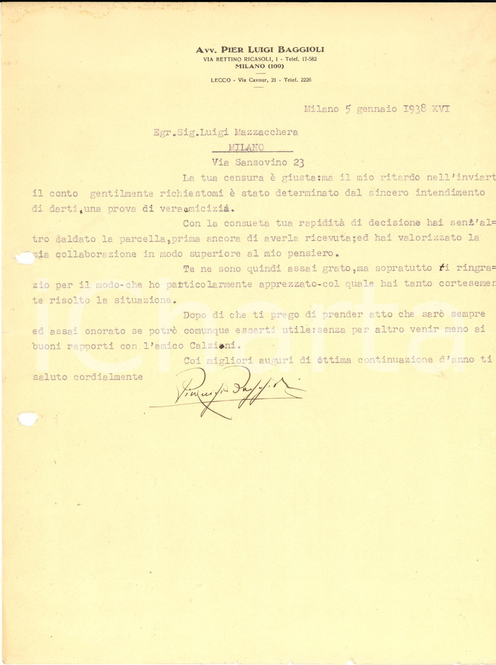 Manoscritto, lettera originale 1938 MILANO Lettera avv. Pier Luigi BAGGIOLI per saldo Carta intestata 1