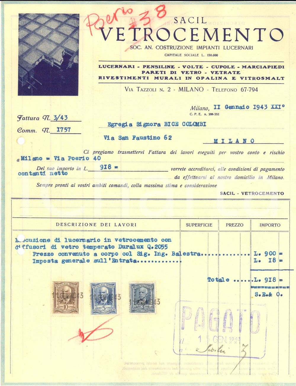 Documento originale, autentico 1943 MILANO Via Tazzoli 2 Ditta SACIL Vetrocemento  Lucernari Fattura intestata 1