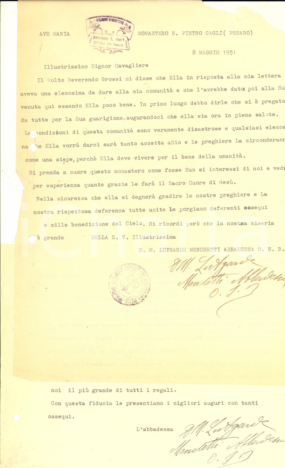 Manoscritto, lettera originale 1951 CAGLI Monastero S. PIETRO Lettera badessa Lutgarde MENCHETTI per elemosina 1