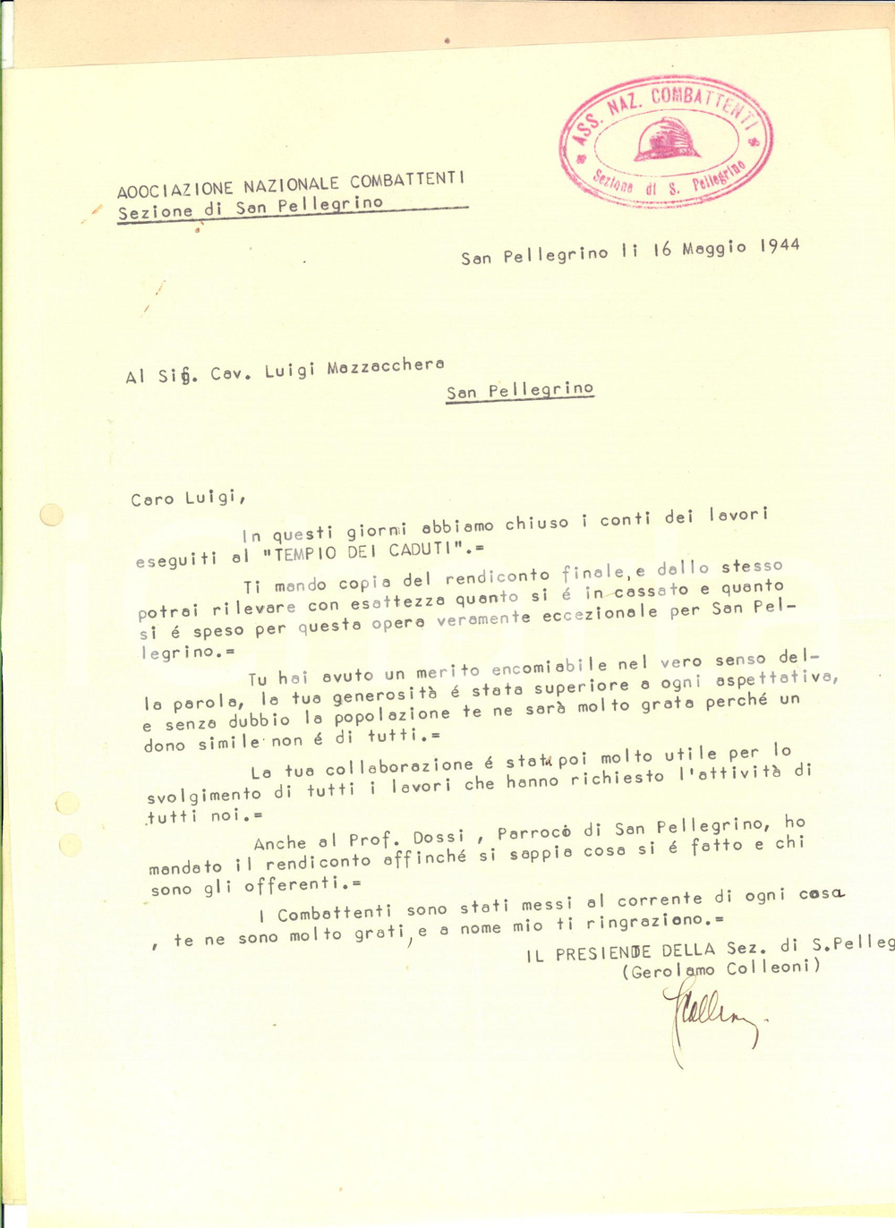 Documento originale, autentico 1944 RSI ANC SAN PELLEGRINO TERME Lettera offerte e lavori al Tempio dei Caduti 1