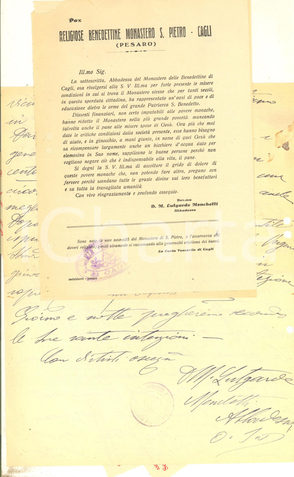Manoscritto, lettera originale 1949 CAGLI Monastero S. PIETRO  Lettera badessa Lutgarde MENCHETTI per sussidio 1