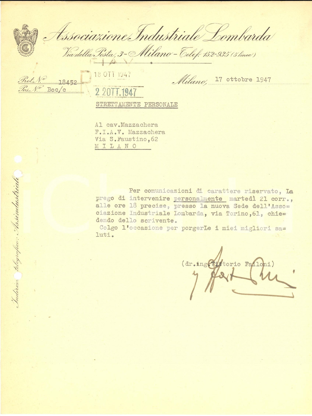 Manoscritto, lettera originale 1947 MILANO Associazione Industriale LOMBARDA  Lettera ing. Vittorio FAILONI 1
