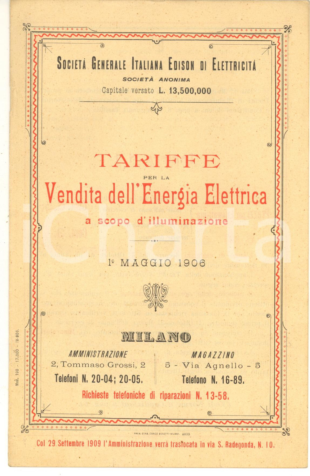 Documento originale, autentico 1906 MILANO Società  EDISON  Tariffe vendita energia elettrica  Libretto 7 pp. 1