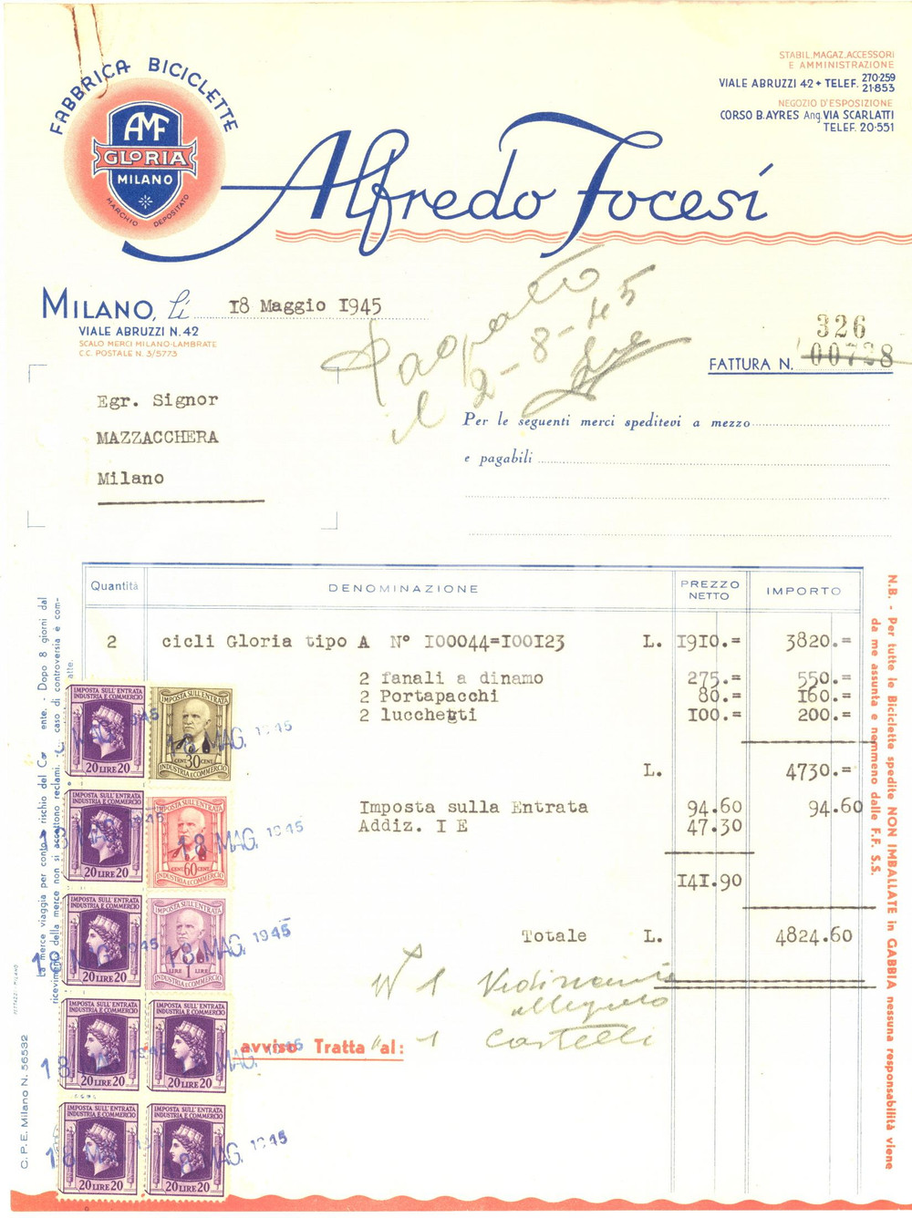 Documento originale, autentico 1945 MILANO Ditta Alfredo FOCESI Fabbrica biciclette  Fattura intestata 1