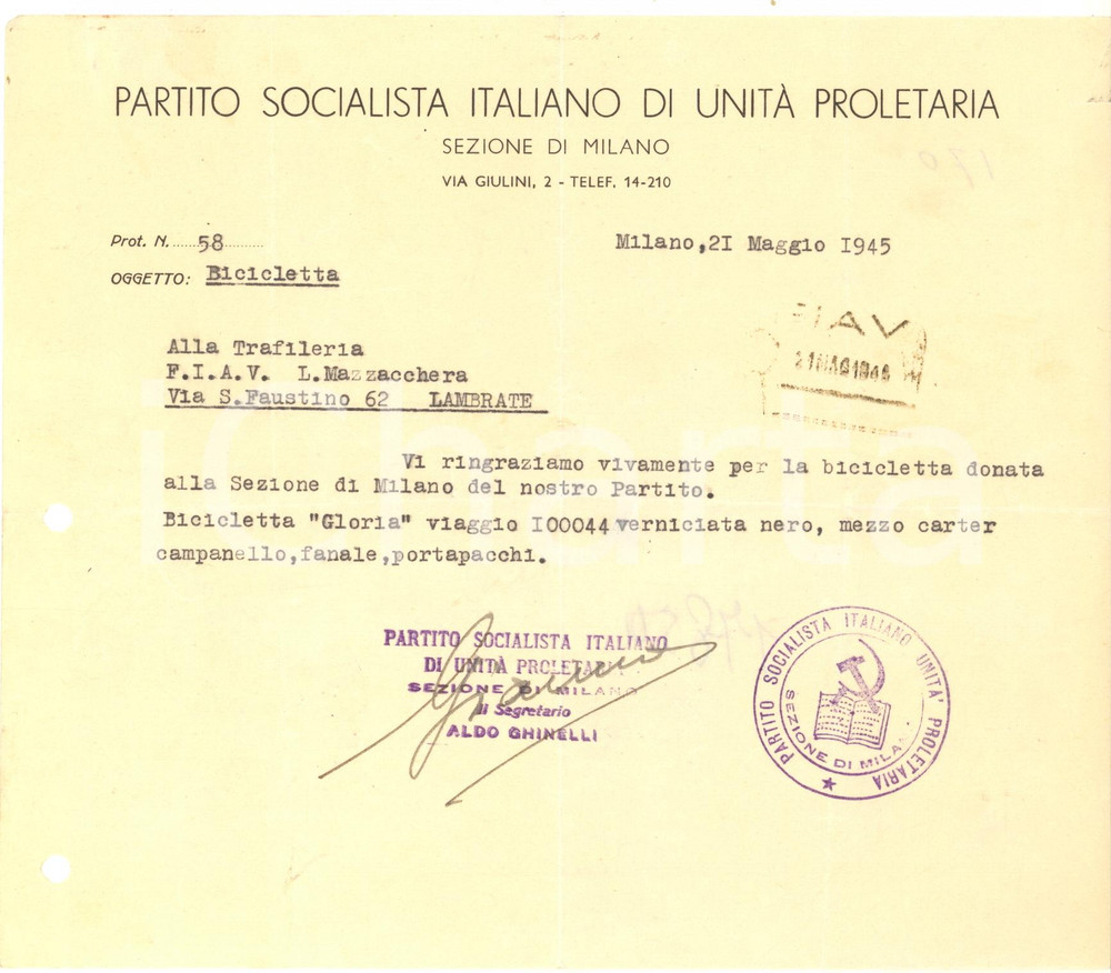 Manoscritto, lettera originale 1945 MILANO PSIUP Lettera Aldo GHINELLI per dono bicicletta  Autografo 1