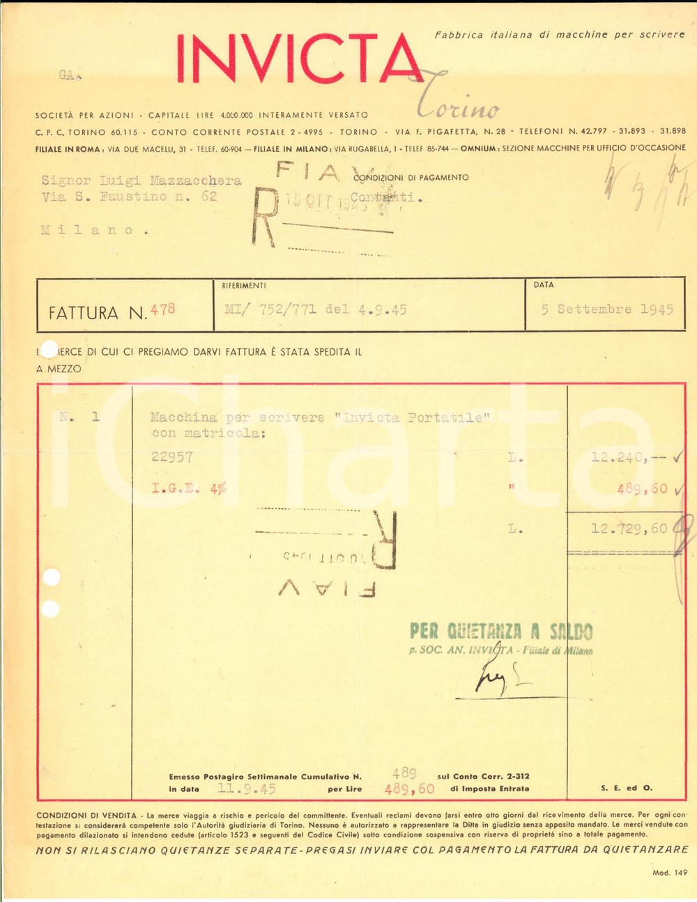 Documento originale, autentico 1945 TORINO Via PIGAFETTA  Ditta INVICTA macchine per scrivere  Fattura 1