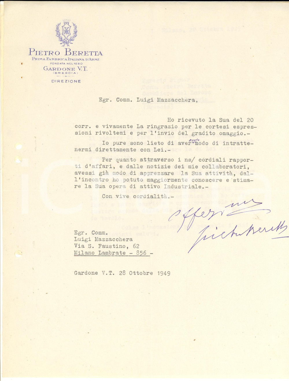 Manoscritto, lettera originale 1949 GARDONE VAL TROMPIA Lettera Pietro BERETTA a Luigi MAZZACCHERA  Autografo 1