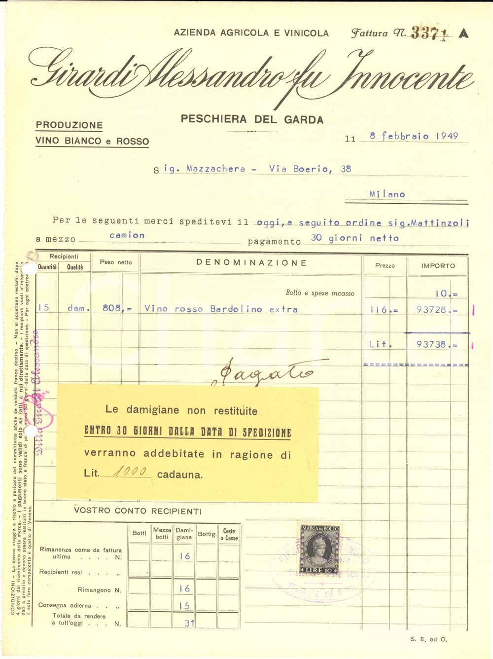 Documento originale, autentico 1949 PESCHIERA DEL GARDA Ditta GIRARDI Alessandro fu Innocente  Fattura vino 1