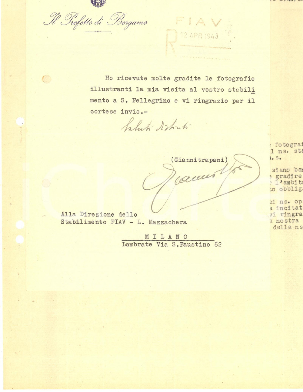 Manoscritto, lettera originale 1943 RSI BERGAMO Prefetto Luigi GIANNITRAPANI ringrazia per foto Autografo 1