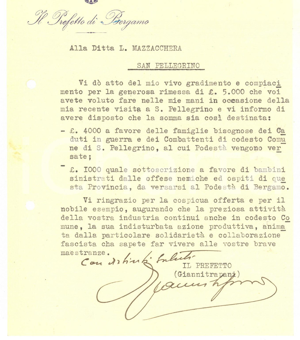 Manoscritto, lettera originale 1943 RSI BERGAMO Prefetto Luigi GIANNITRAPANI ringrazia per offerta Autografo 1