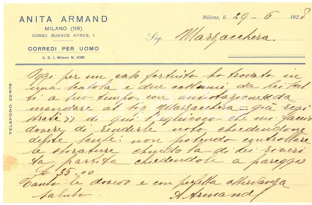 Manoscritto, lettera originale 1928 MILANO Corso Buenos Aires 1 Anita ARMAND Corredi per uomo  Lettera 1